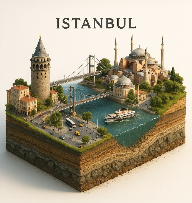 3D square isometric diorama of the city of İstanbul
