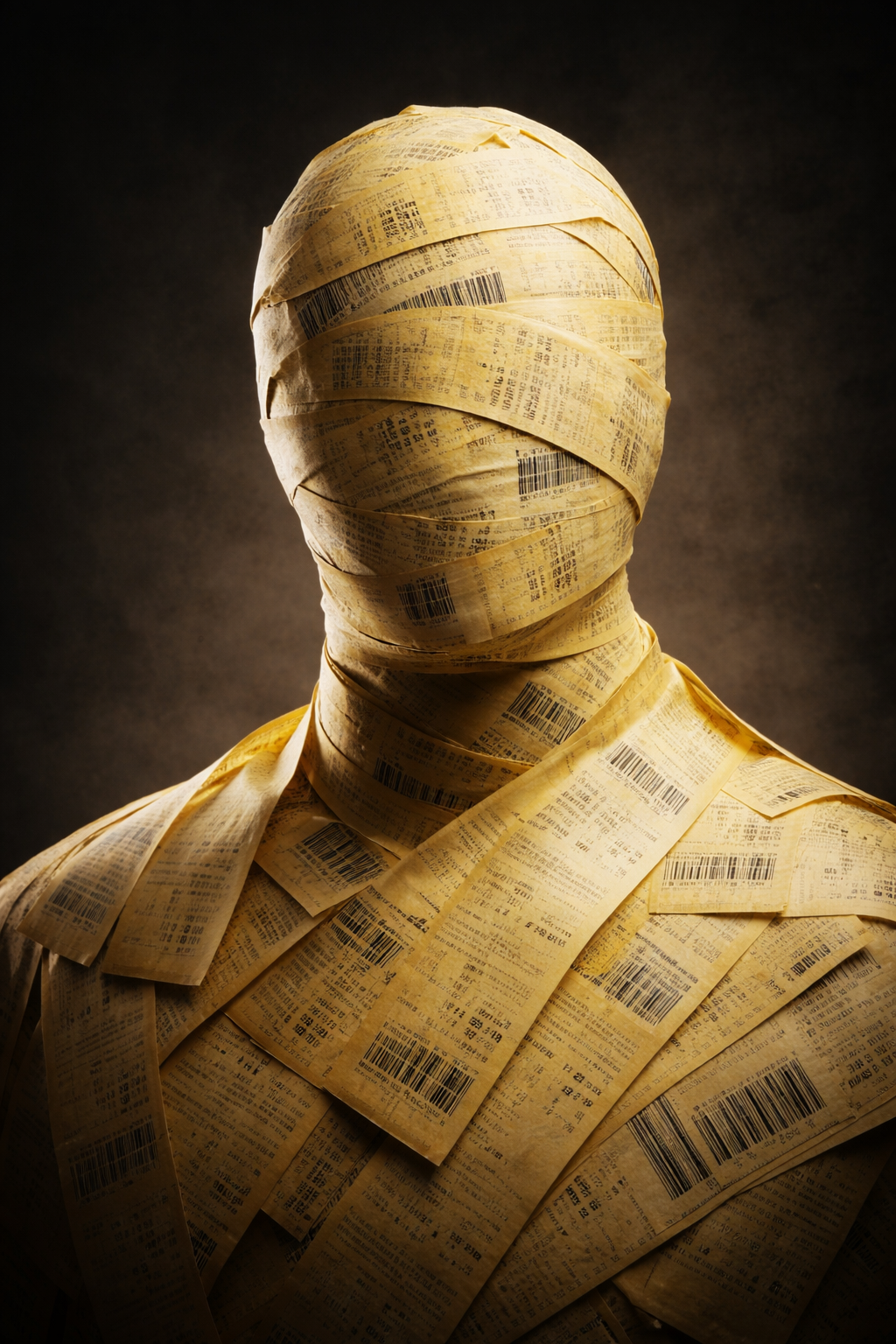 A Surreal Conceptual Portrait Of A Human Bust Completely Wrapped In Overlapping Yellow Thermal Receipt Papers